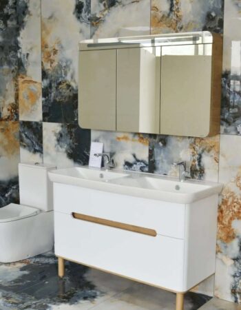 Pacific blue polished porcelain tile 600x1200mm installed in modern bathroom – suitable for walls and floors